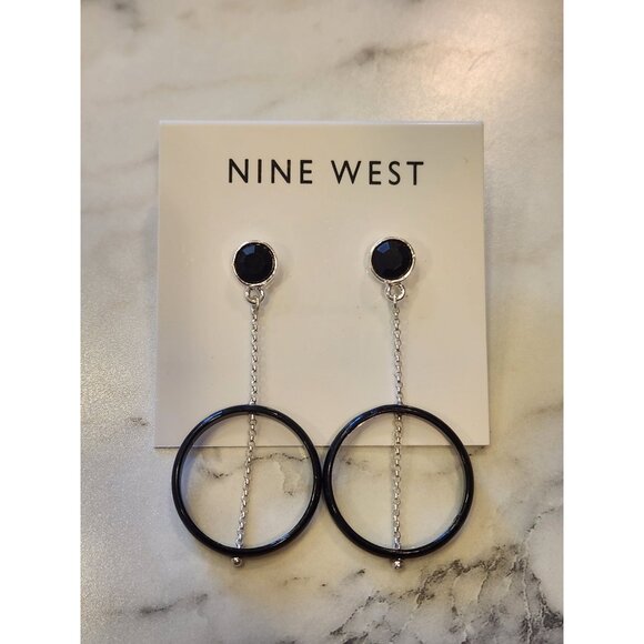 Nine West Silver Tone & Black Circle Drop Earrings With Chain Detail - Picture 1 of 5